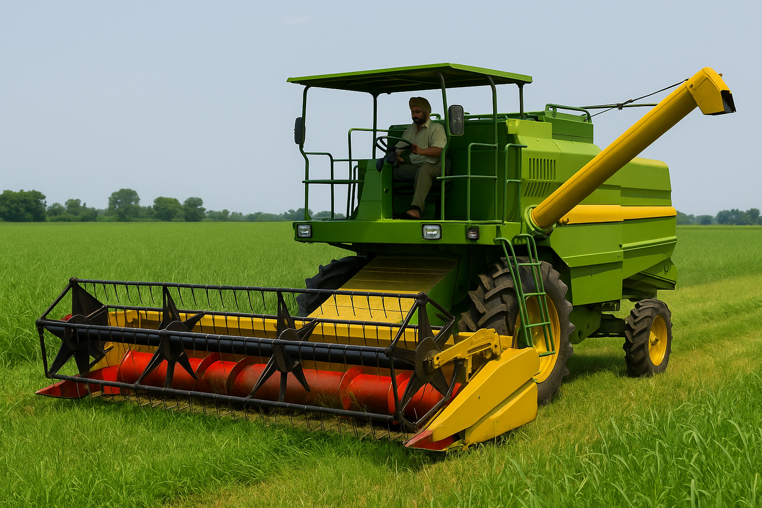 Farmers using modern machinery in a field